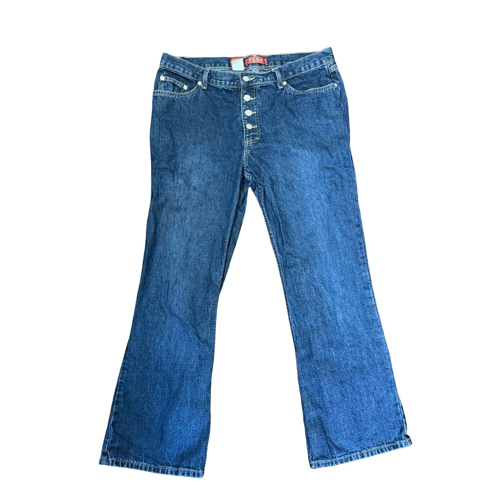 Y2K Zena Jeans Womens 14 Dark Wash Button Fly Flare Leg High Rise Denim Blue VTG